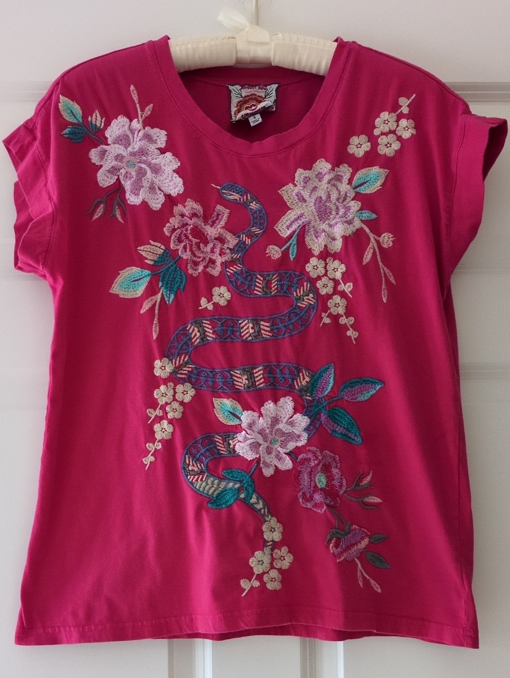 Johnny Was Embroidered Snake Top Pink Floral Cotton Small